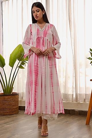 white & pink georgette embroidered kurta set