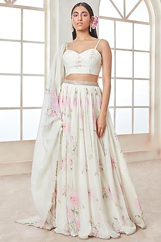 white & pink georgette printed lehenga set