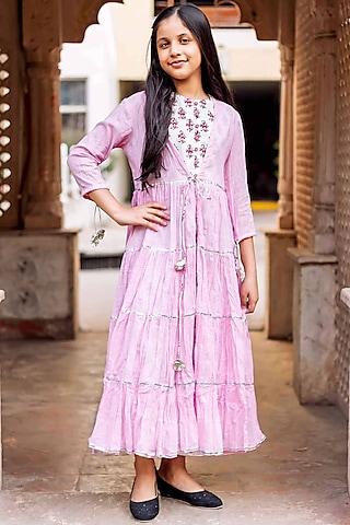 white & pink handloom cotton printed jacket dress for girls