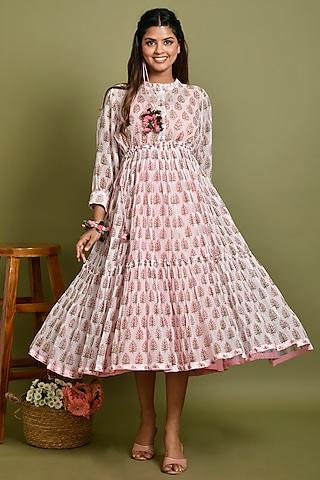white & pink kota doriya printed dress