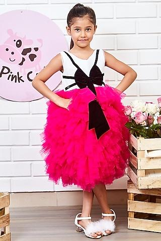 white & pink net ruffled dress for girls