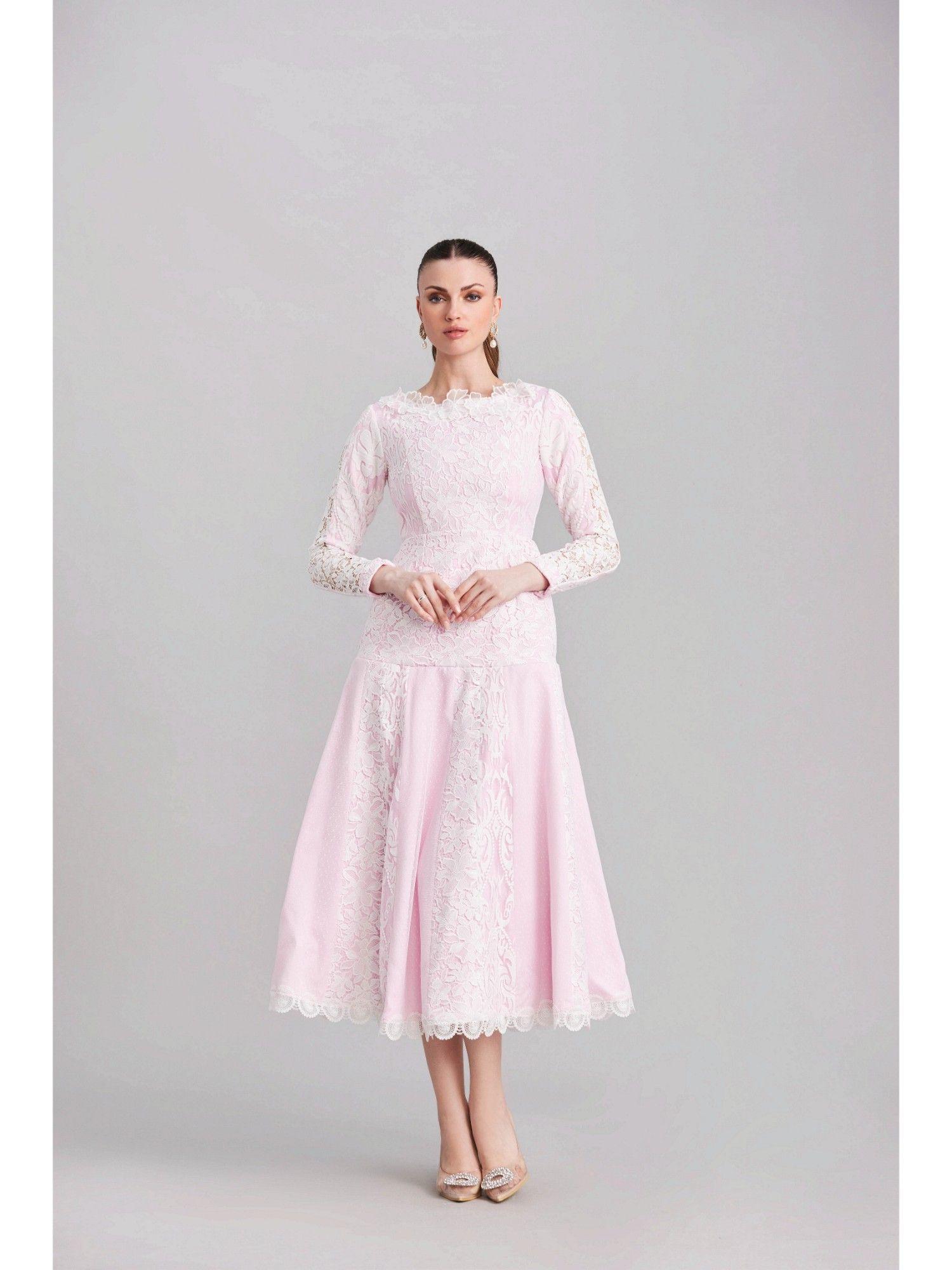 white & pink panelled lace dress