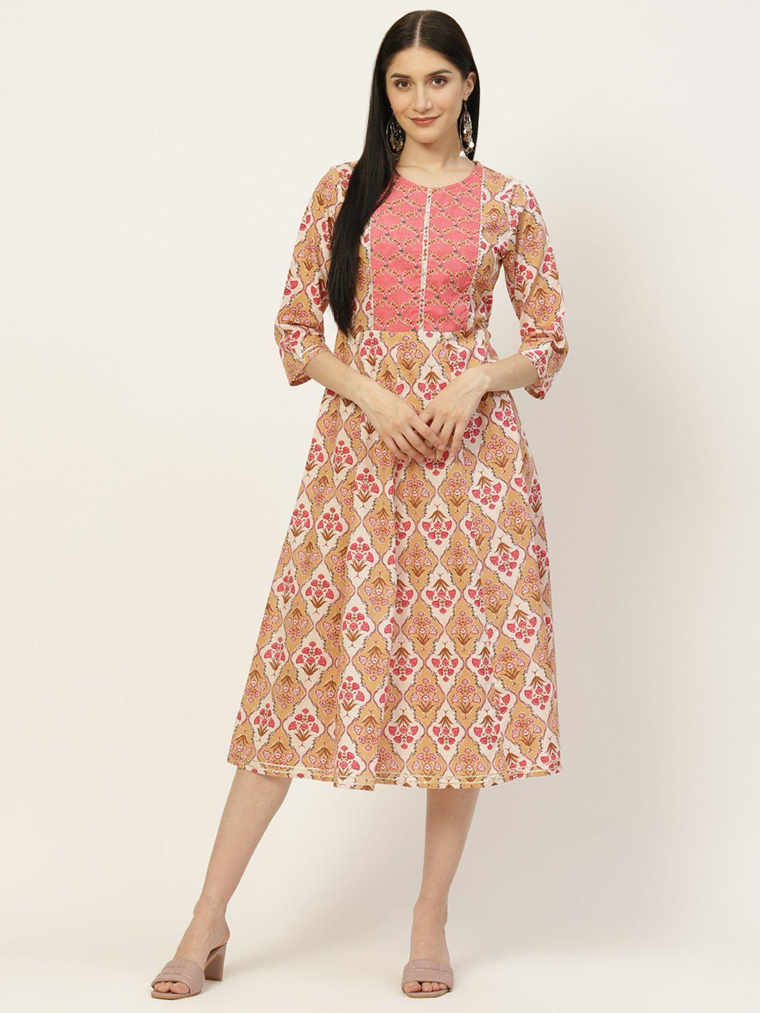 white & pink printed cotton anarkali dress