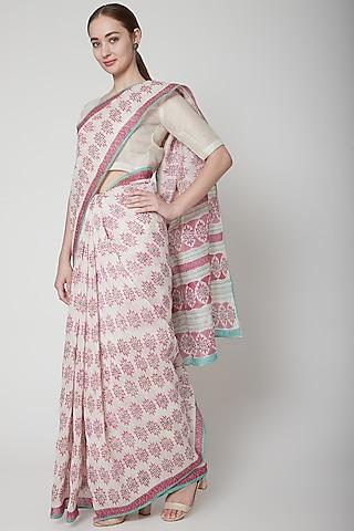 white & pink silk linen floral hand block printed saree