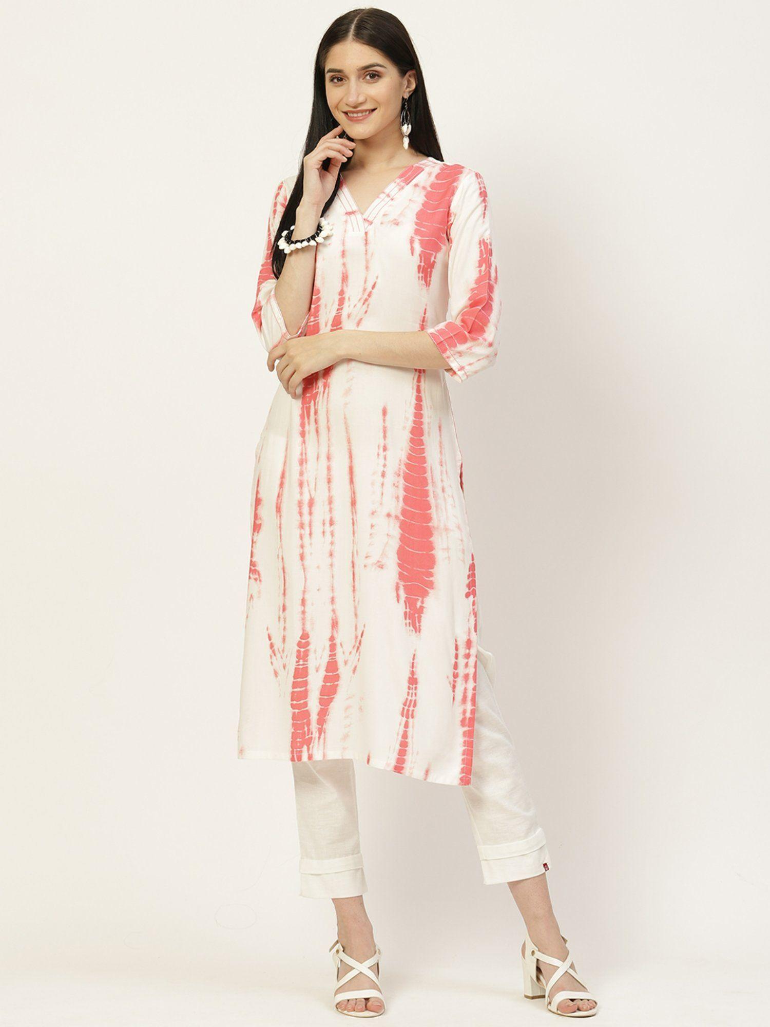 white & pink tie-dye kantha work kurta