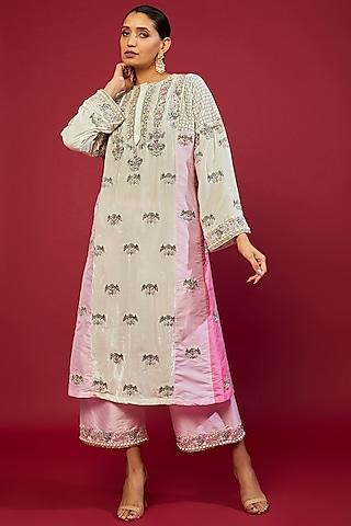 white & pink velvet kashmiri kurta set