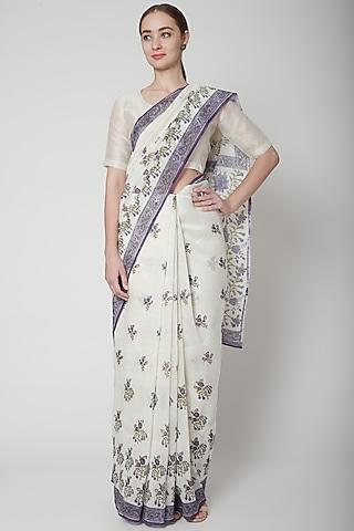 white & purple silk linen floral hand block printed saree