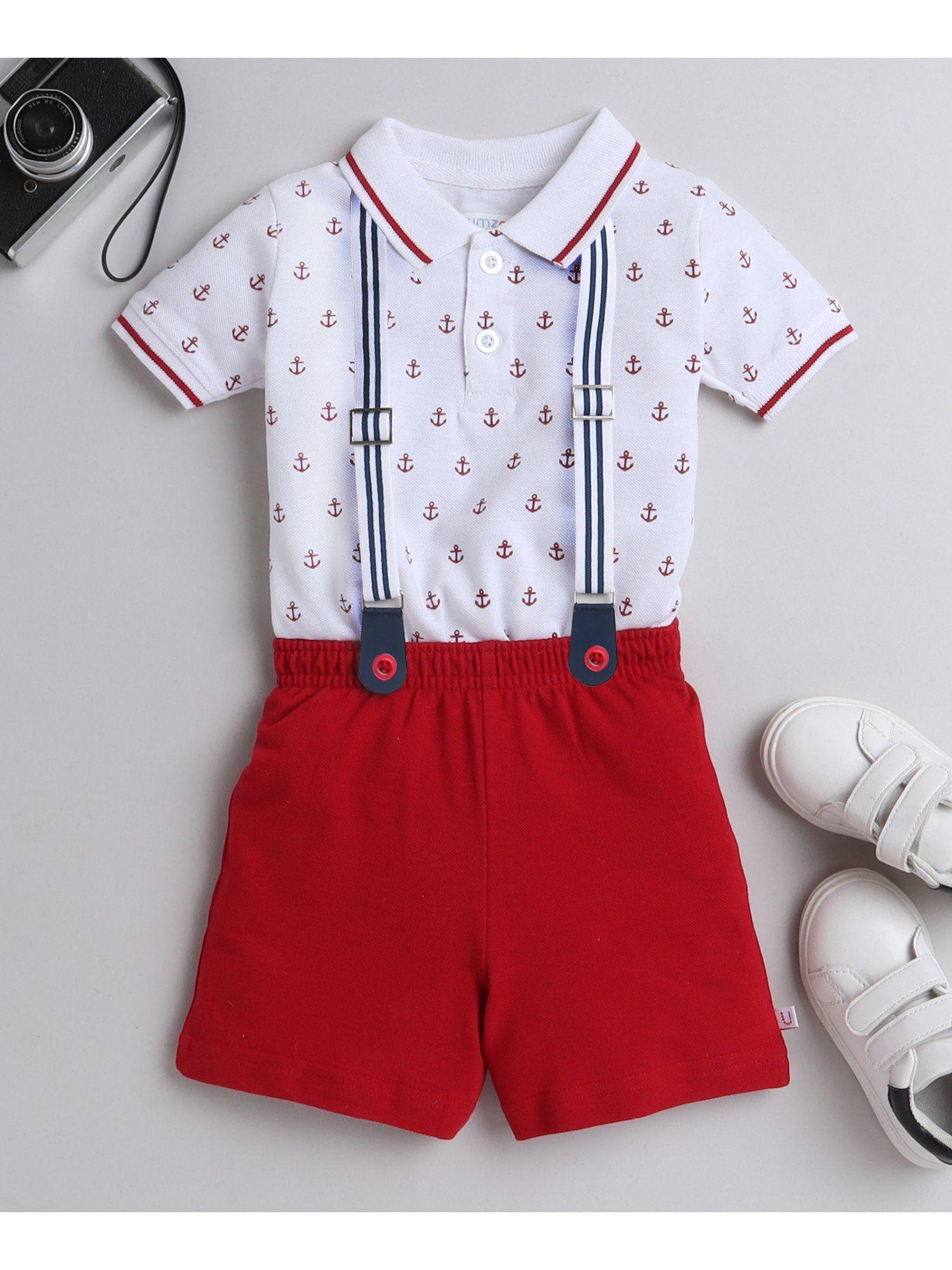 white & red boys half sleeves t-shirt & short with suspender (set of 3)