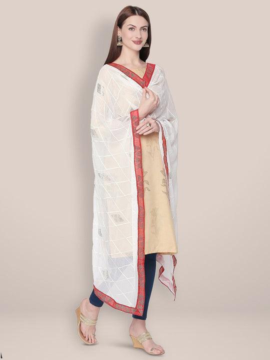 white & red chiffon dupatta with embroidery & baadla work.