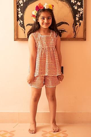 white & red cotton hand block printed co-ord set for girls
