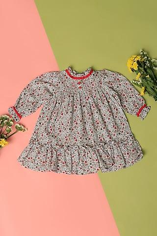 white & red cotton printed dress for girls