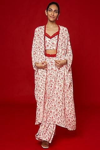 white & red double georgette floral printed cape set