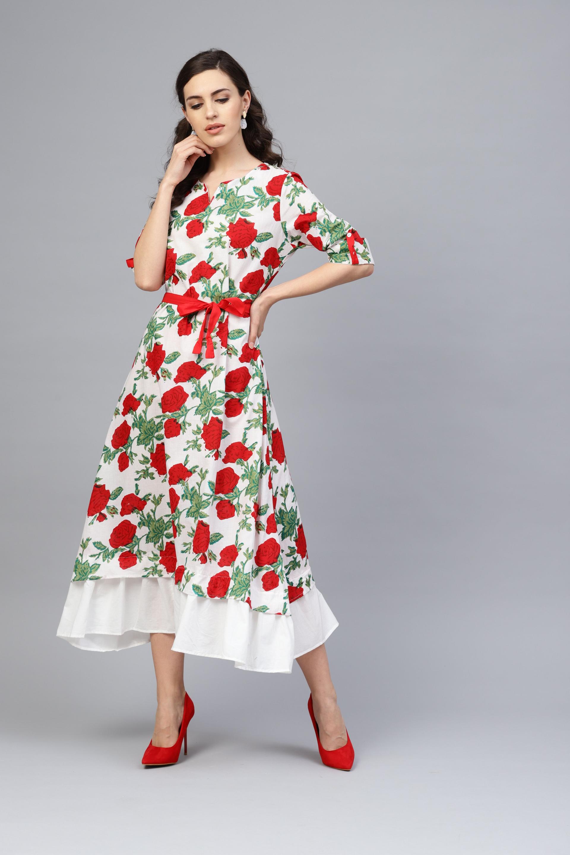 white & red floral hand block printed pure cotton dress