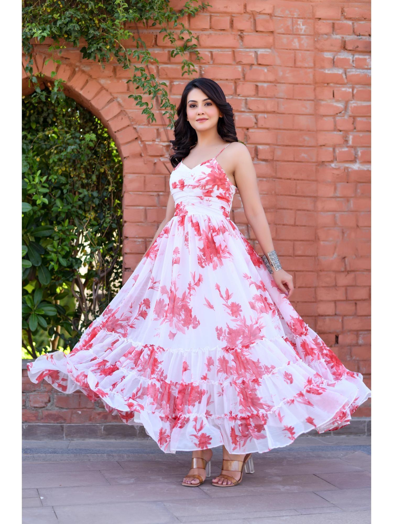 white & red floral maxi dress