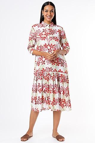 white & red floral printed dress