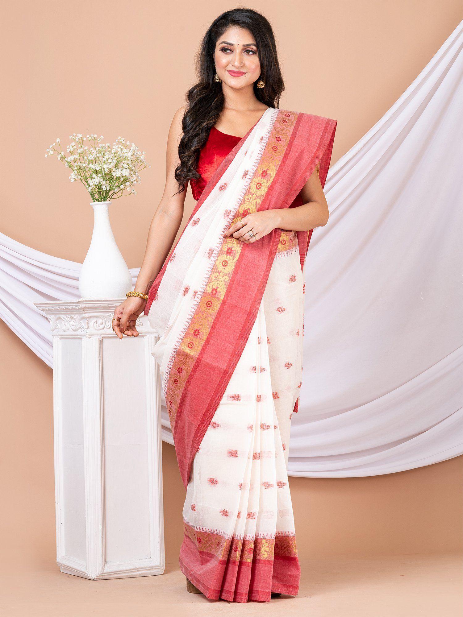 white & red floral woven design pure cotton tant saree without blouse