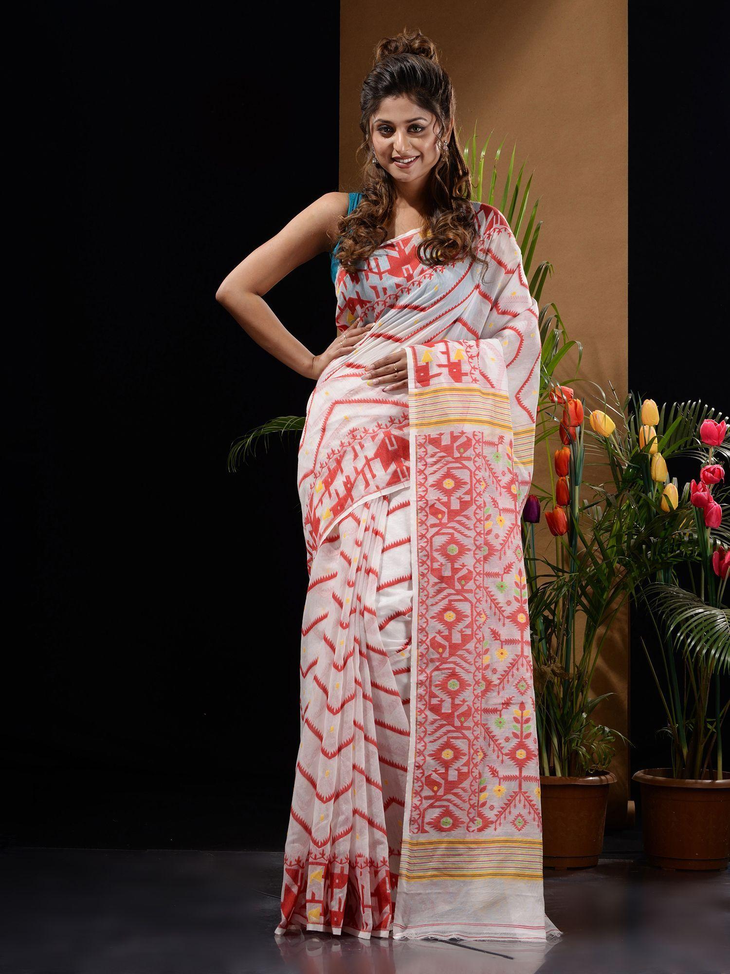 white & red handwoven saree with chevron & ethnic designs