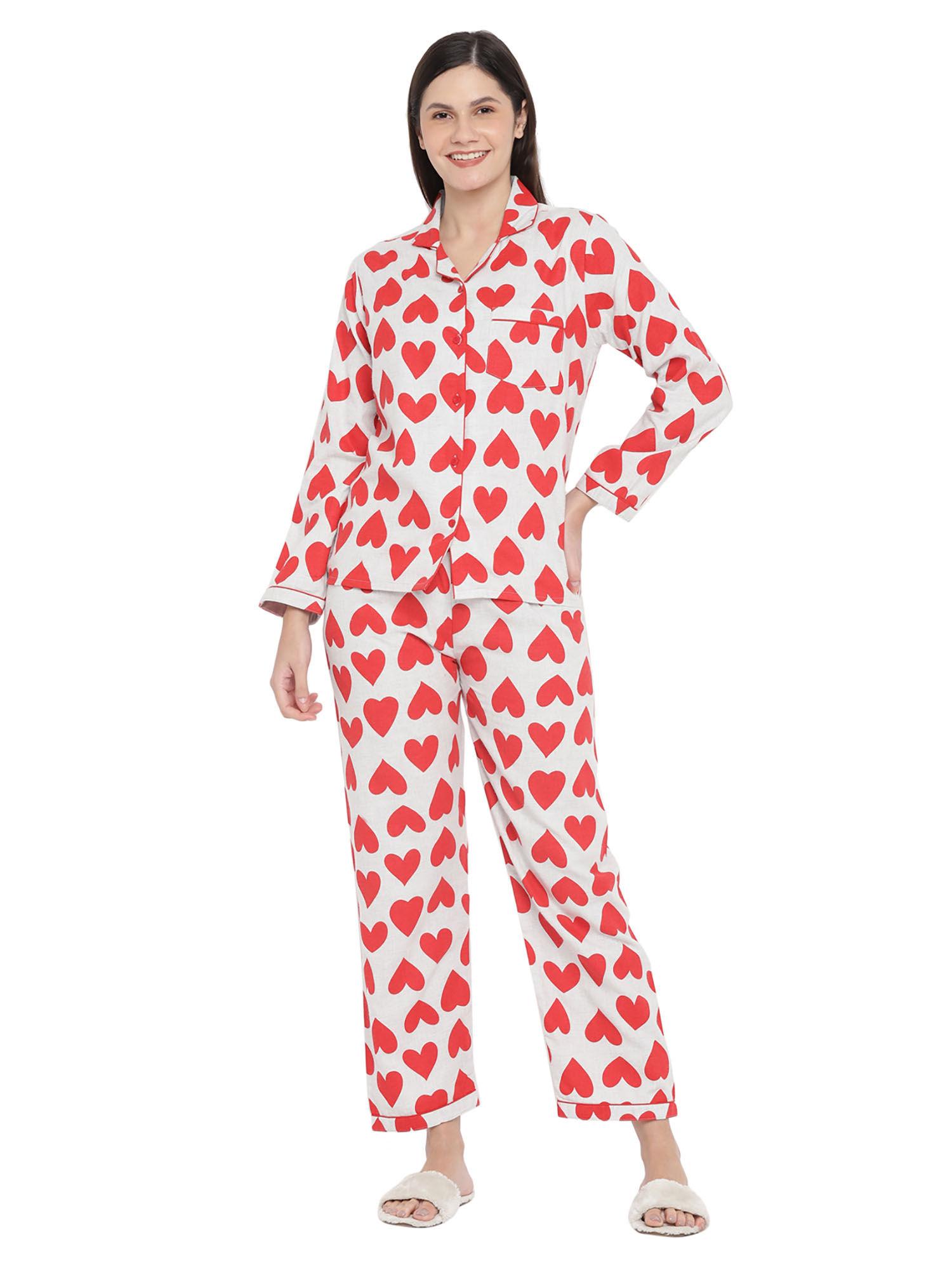 white & red hearts print cotton flannel long sleeves shirt with pyjama (set of 2)