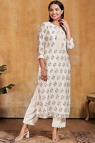 white & red printed kurta set