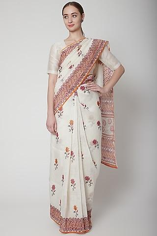 white & red silk linen floral hand block printed saree