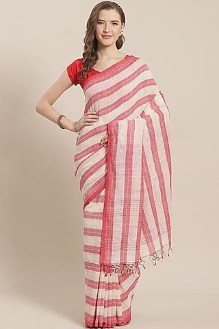 white & red striped saree
