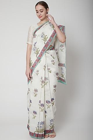 white & sea green silk linen floral hand block printed saree