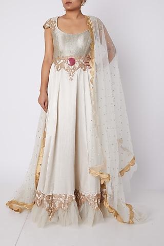 white & silver anarkali with embellished dupatta