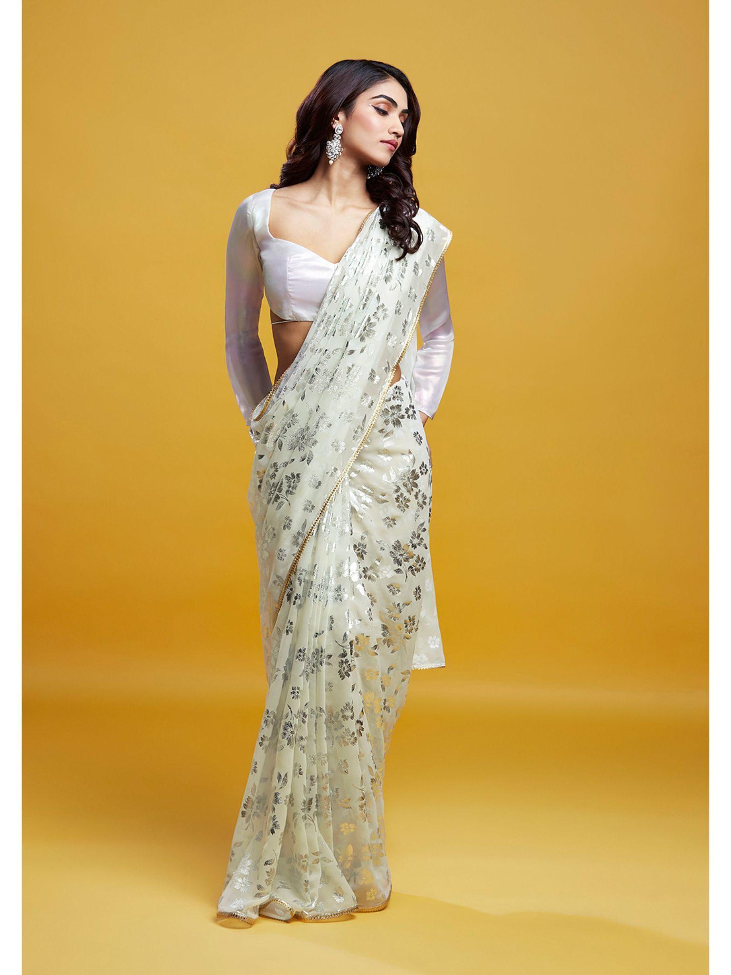 white & silver barfi saree with stitched blouse