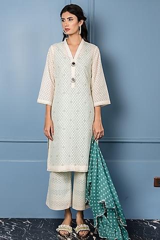 white & turquoise embroidered silk kurta set