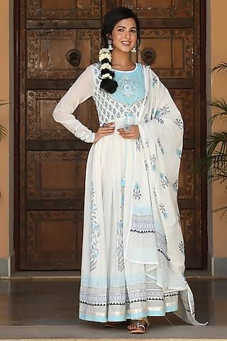 white & turquoise hand block printed anarkali set