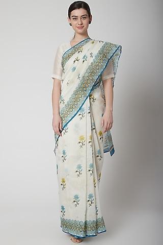 white & turquoise silk linen floral hand block printed saree