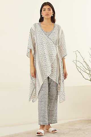 white & twilight blue silk voile & modal hand block printed kimono set