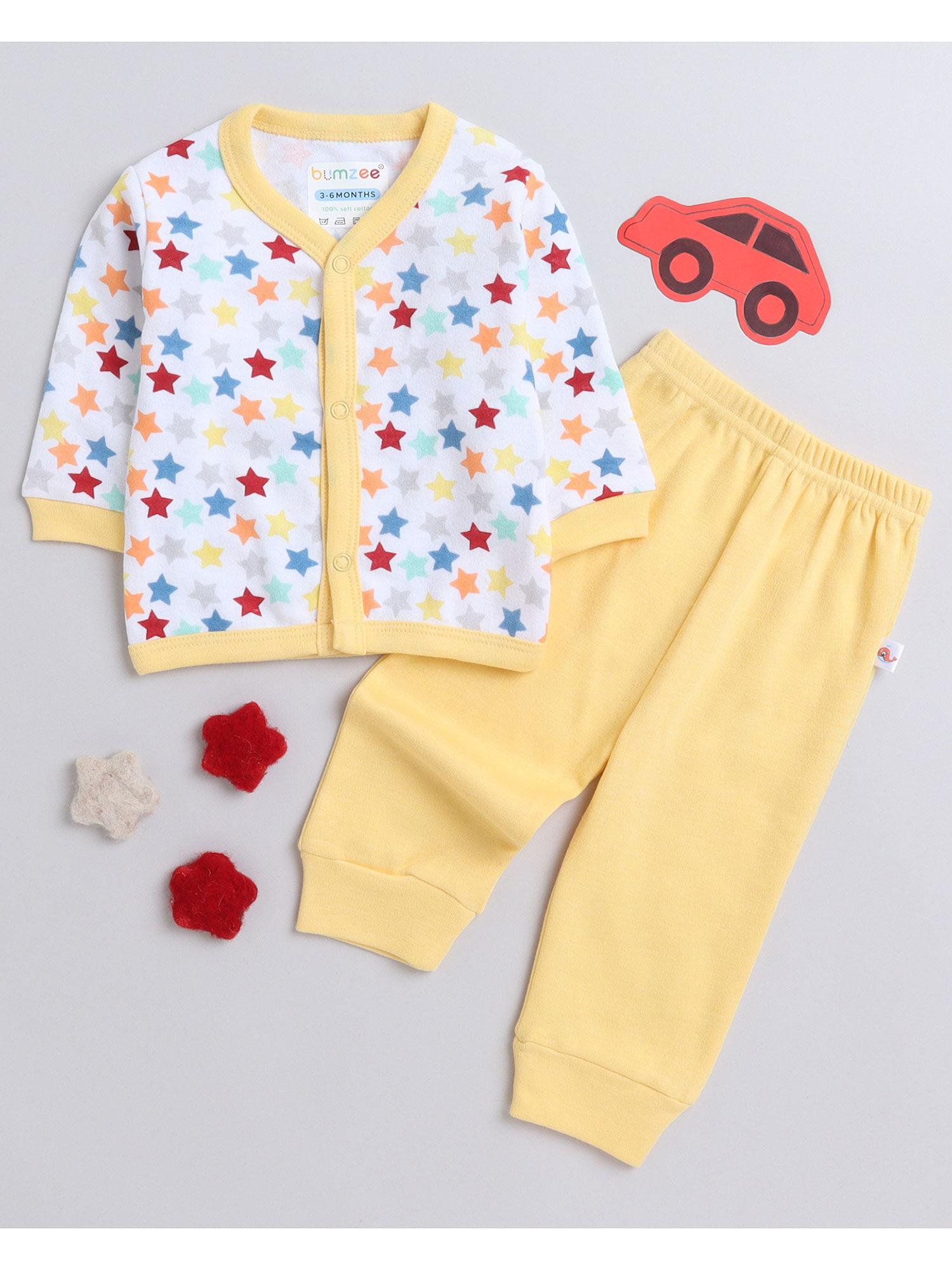 white & yellow baby girls full sleeves jabla & pyjama (set of 2)