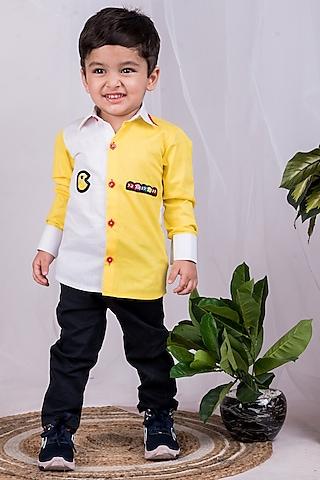 white & yellow cotton embellished shirt for boys