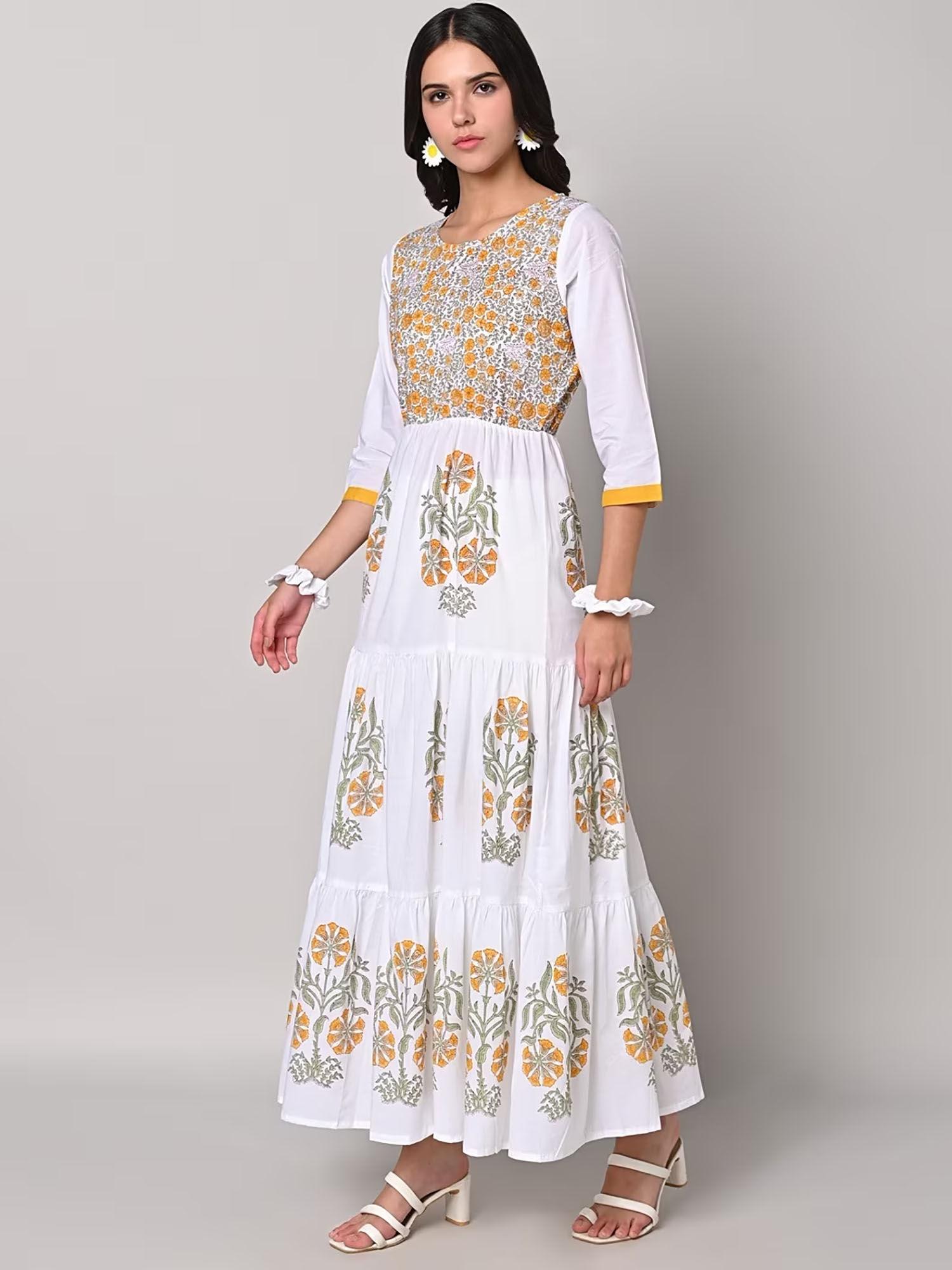 white & yellow flowery tiered maxi dress