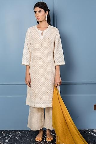 white & yellow lace embroidered kurta set