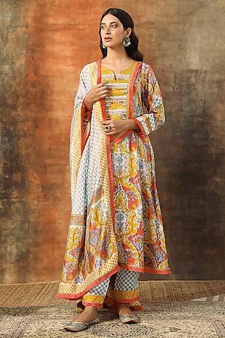 white & yellow modal satin handblock printed a-line kurta set