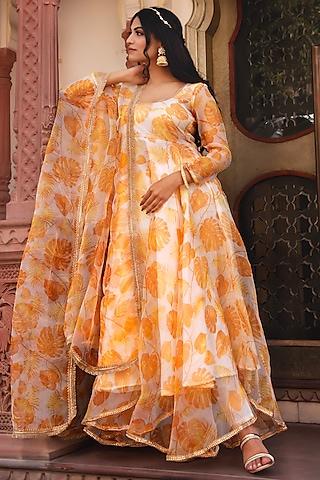 white & yellow organza printed anarkali set