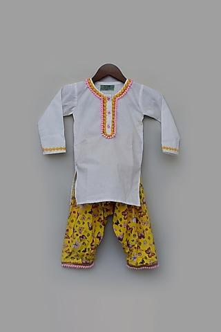 white & yellow printed kurta set for girls