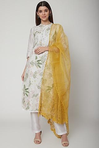 white & yellow silk chanderi embroidered kurta set