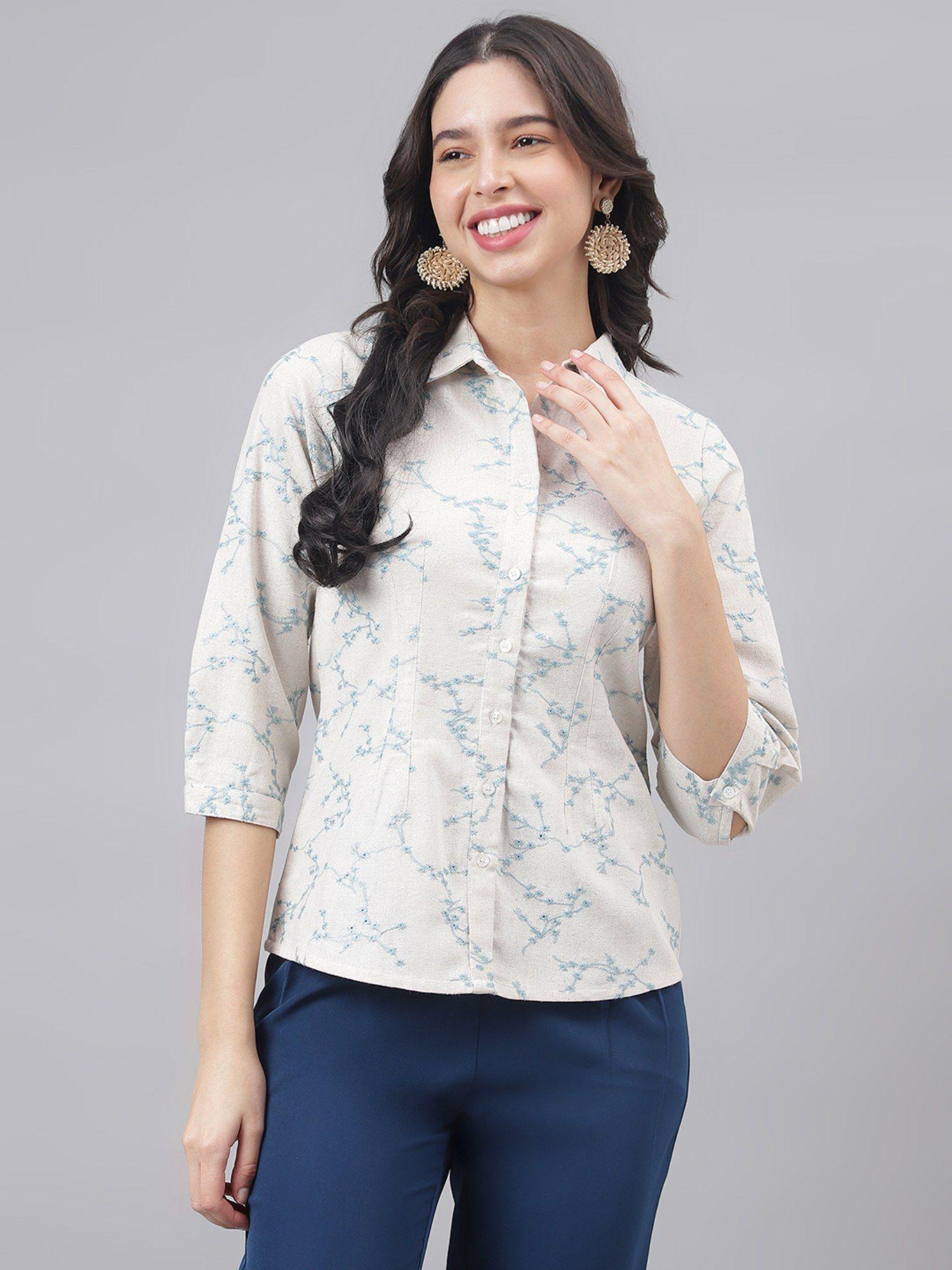 white 3/4 sleeve shirt collar women floral blouse top