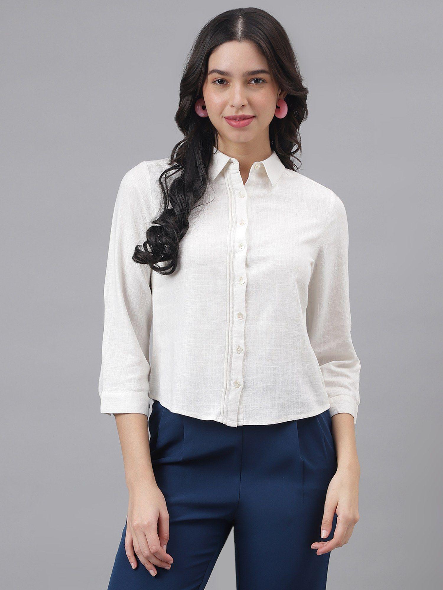 white 3/4 sleeve shirt collar women solid blouse top