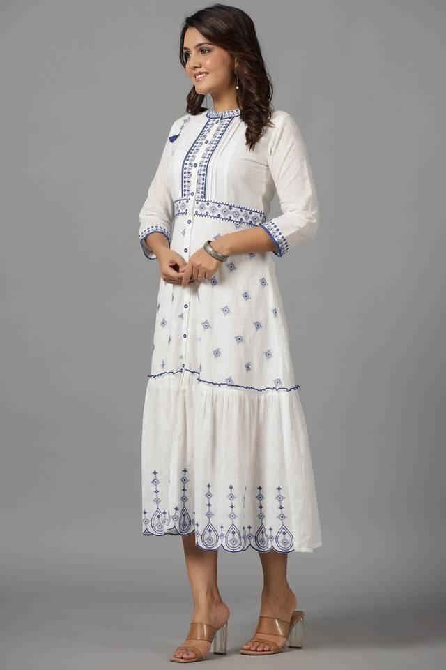 white _ blue cotton dobby ethnic motif embroidered tiered maxi dress