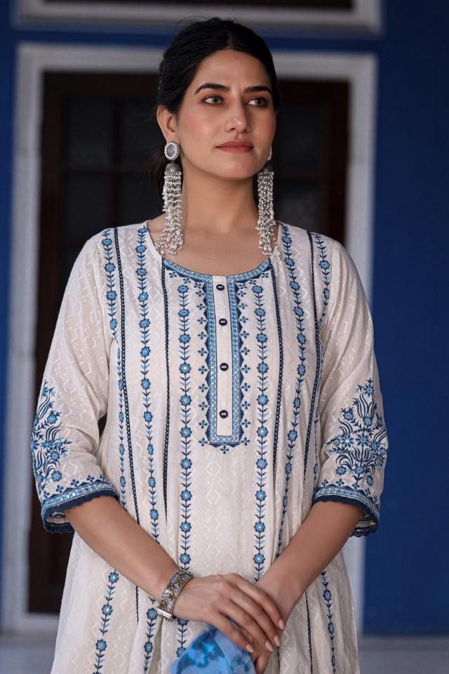 white _ blue cotton dobby thread embroidered a-line kurta with pants set with chiffon dupatta (3-pcs)