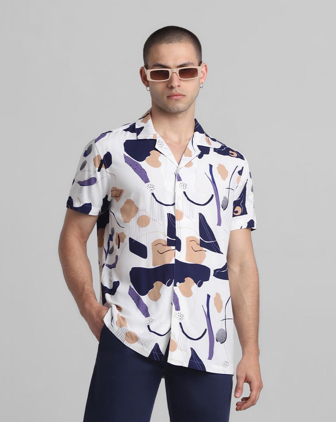 white abstract print short sleeves shirt