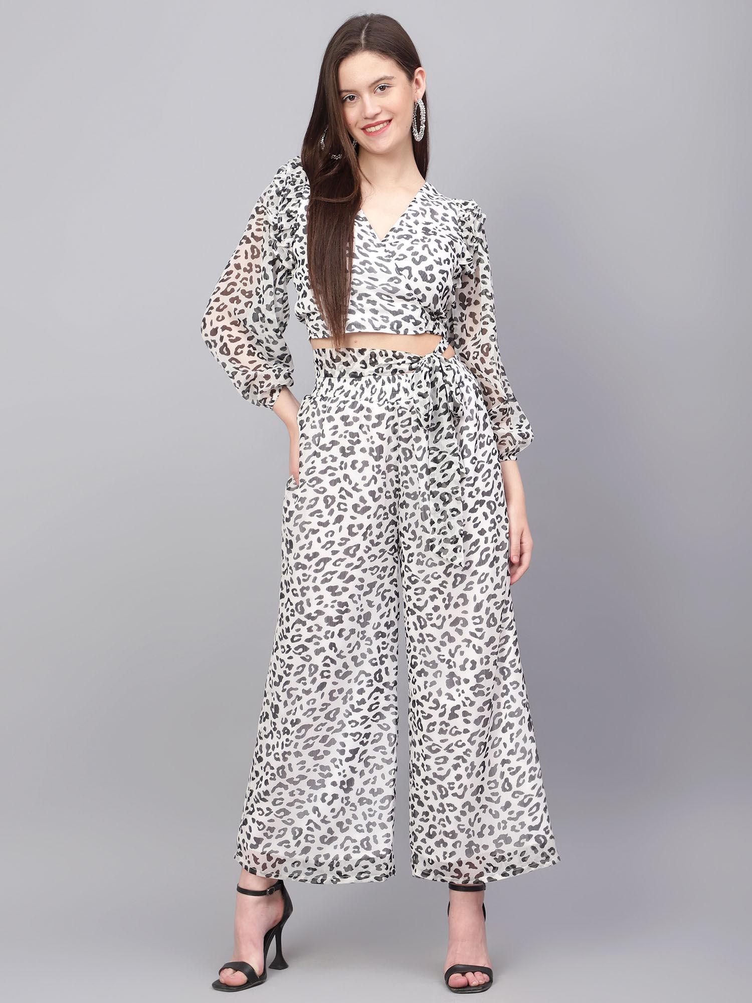 white and black animal print palazzo