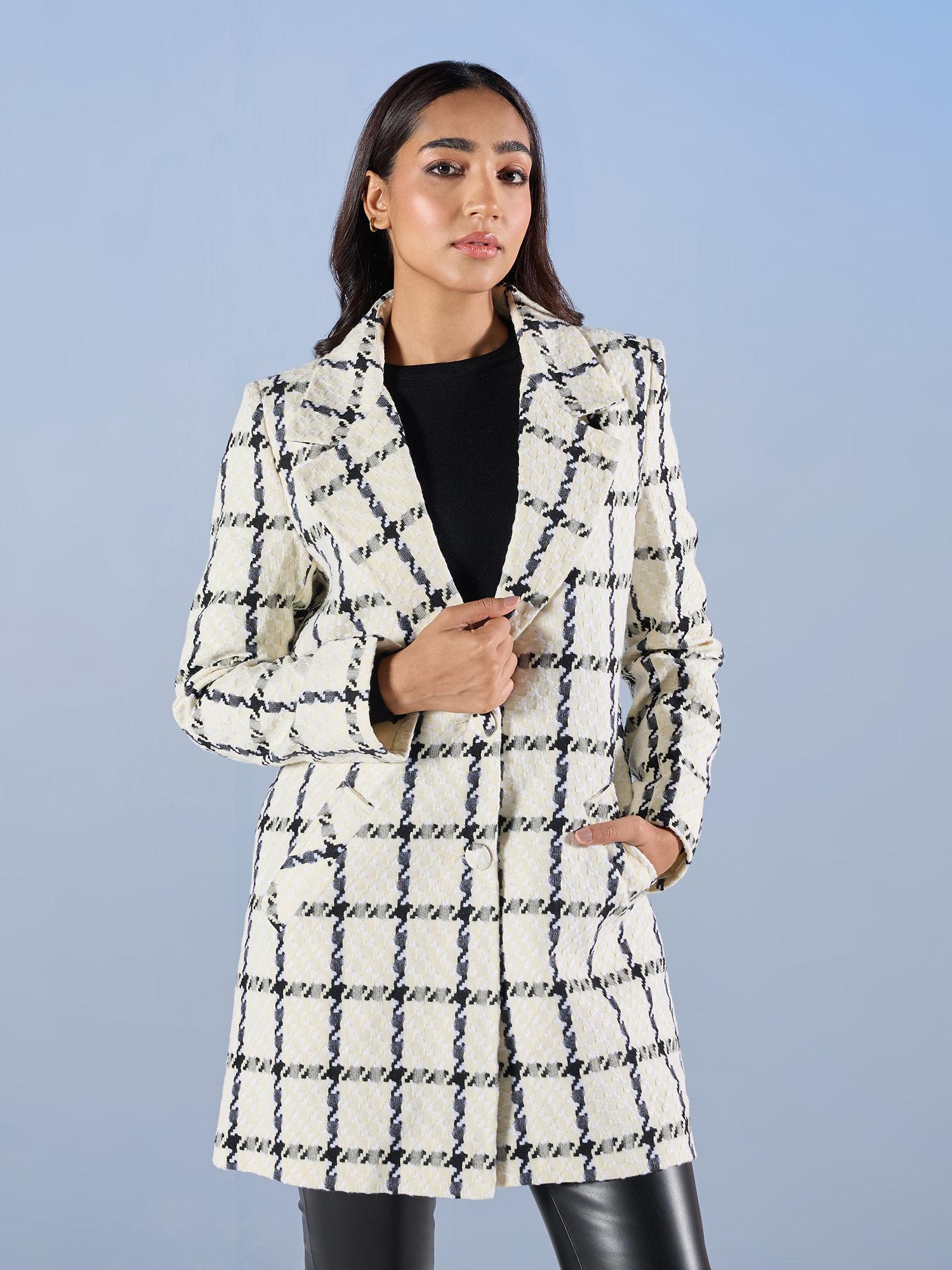 white and black checked straight fit overcoat