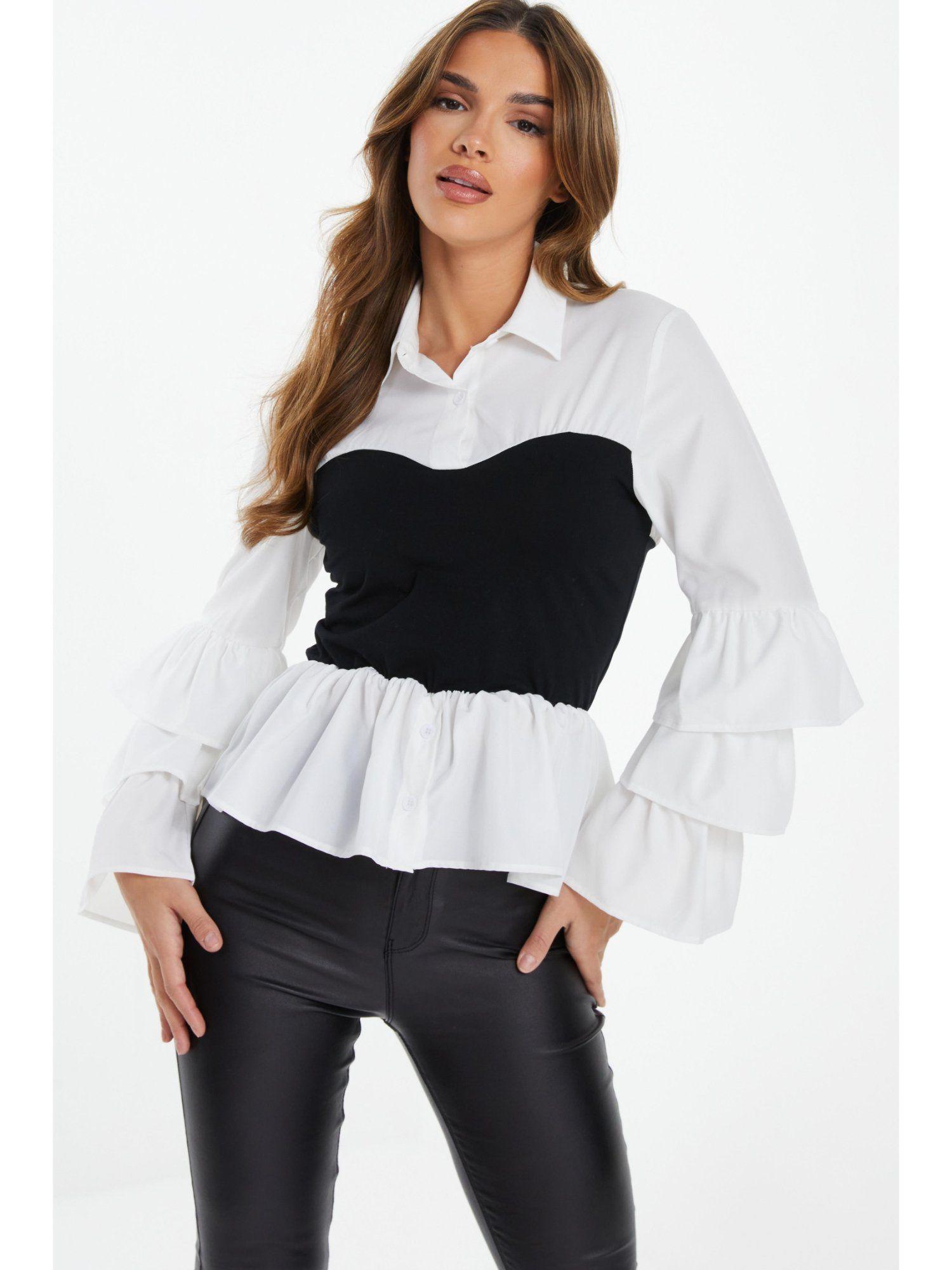 white and black long frill sleeve peplum top