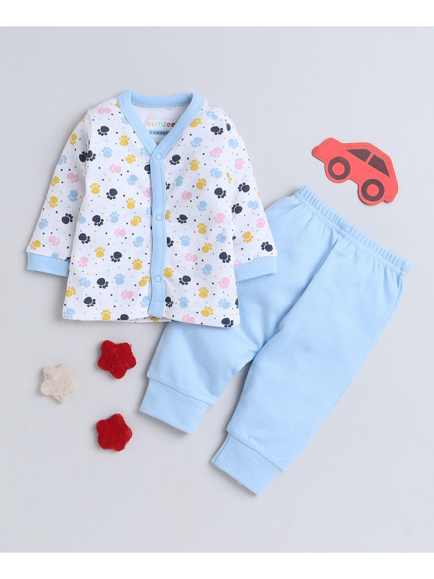 white and blue baby girls full sleeves jabla and pyjama (set of 2)