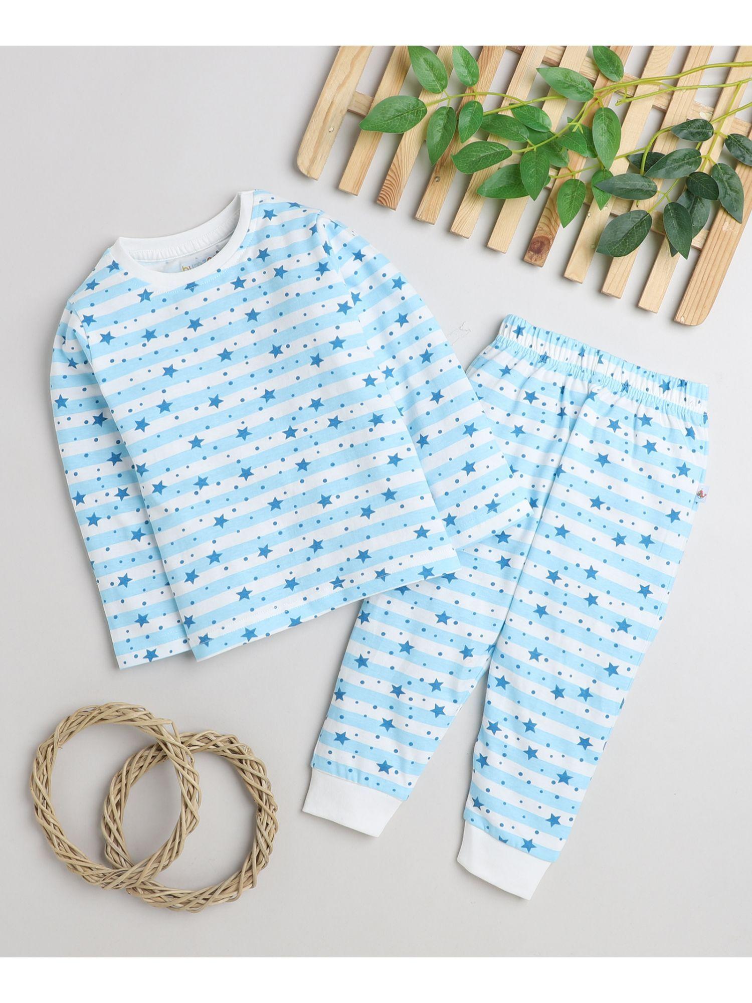 white and blue boys full sleeves t-shirt and pyjama (set of 2)